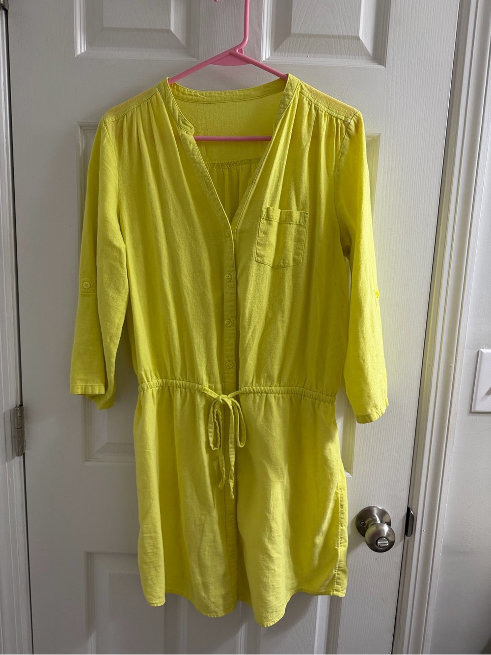 Bright Yellow Drawstring Button-Front Dress Medium M